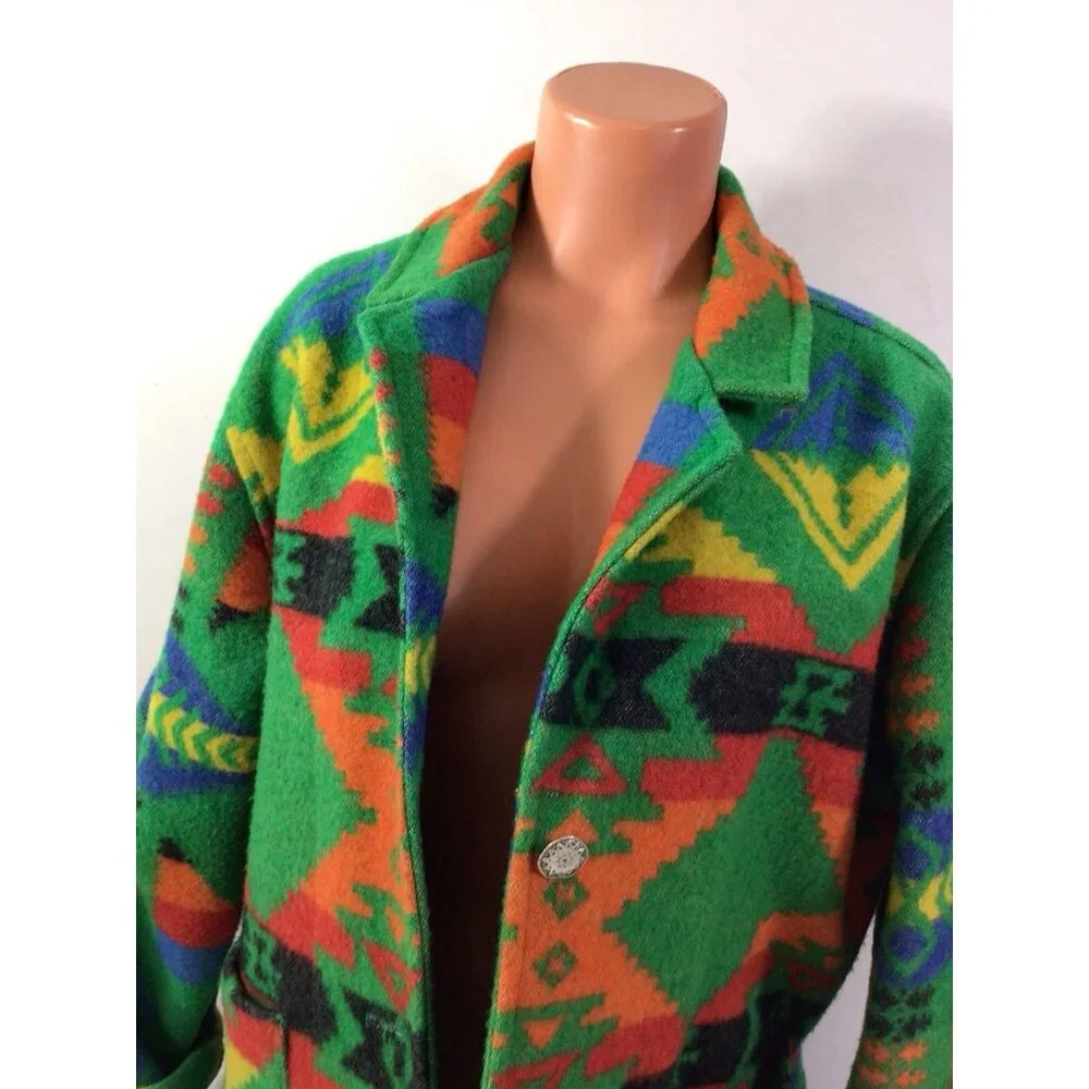 Chico's Multicolor Geometric Wool-Blend Pea Coat in Green - Picture 2 of 7